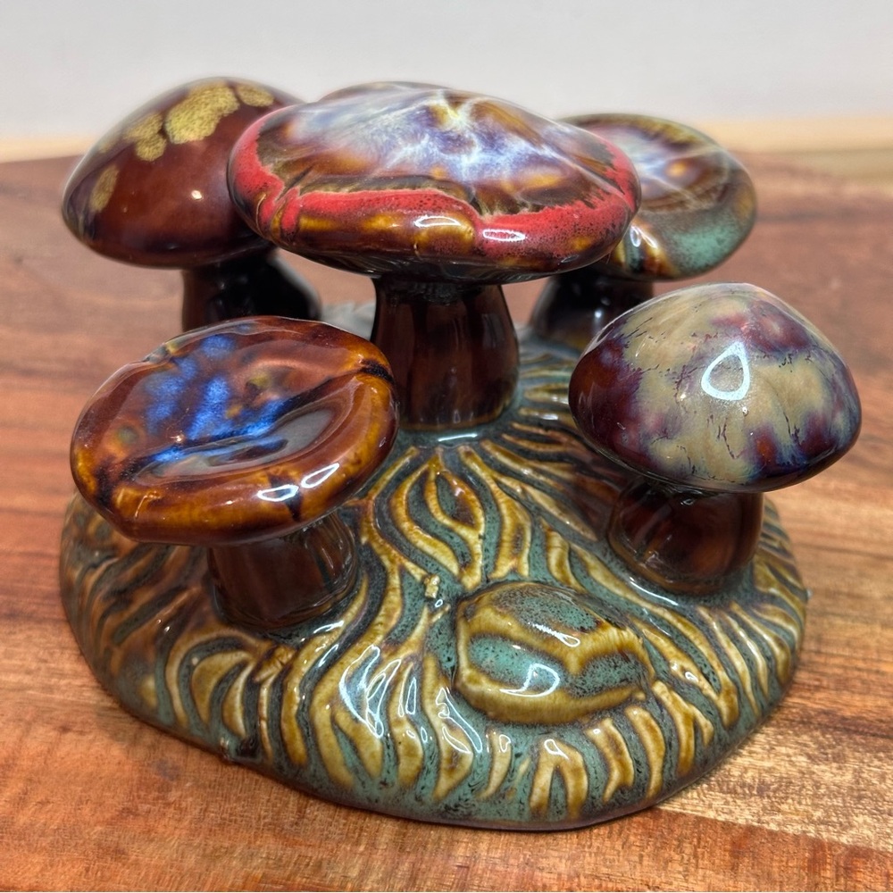 Vintage Studio Pottery Mushroom Cluster Figurine Reactive Glaze Woodland Decor